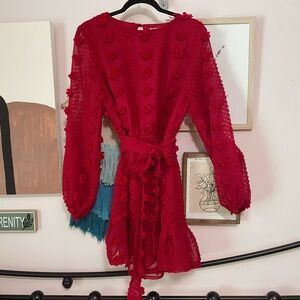 Red Textured Long Sleeve Top